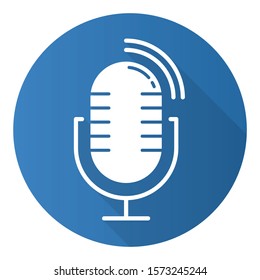 Blue dynamic microphone flat design long shadow glyph icon. Mike recording sound idea. Portable voice recorder. Wireless musical mic, professional studio equipment. Vector silhouette illustration