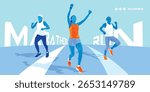 Blue dynamic silhouette of diverse group of people running background illustration banner