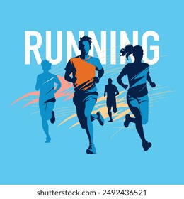 Blue dynamic silhouette of diverse group of people running background illustration