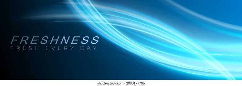 Blue dynamic waves on black background showing a stream of fresh clean air. Packaging design with energy curves.