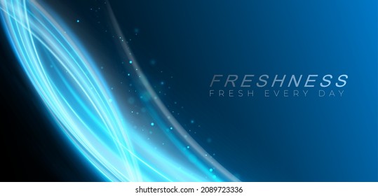 Blue Dynamic Waves On Black Background Showing A Stream Of Fresh Clean Air. Packaging Design With Energy Curves. Vector Illustration.