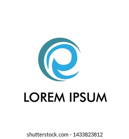 blue e initial letter for business name logo icon in water environment company with waves illustration
