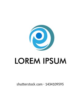 blue e initial letter for business name logo icon in water environment company with waves illustration