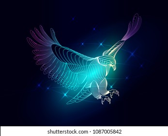 Blue eagle composed.Animal digital concept. Vector illustration of a starry sky. The eagle consists of lines. Wireframe light connection structure