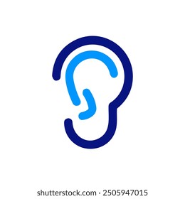 Blue ear icon, outlined in dark blue, simple bold design, light blue inner ear, geometric shapes, white background, clear and clean, hearing symbol, auditory system representation,health communication