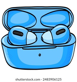 Blue Earbuds Wireless Earphones Drawing Vector Illustration