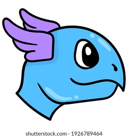a blue eared winged turtle head. carton emoticon. doodle icon drawing, vector illustration