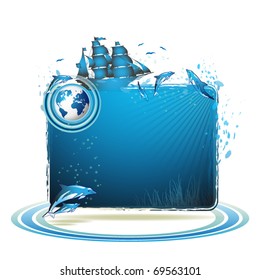 Blue Earth background with dolphins and ship, vector illustration
