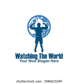 blue earth behind strong man logo, silhouette of male watching the globe vector illustrations