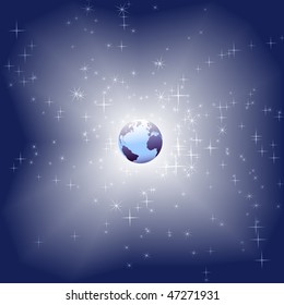 Blue Earth in a bright star sparkle space background.