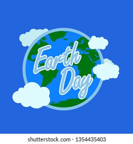 blue earth day typography with white outline at the background have earth with atmosphere and cloud. happy earth day, 22 april. illustration. world map vector