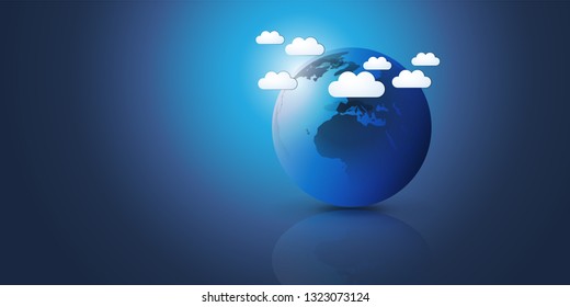 Fondo Blue Earth Globe and Cloudy Sky - Plantilla para afiches, volantes, postales o banderas web - Ilustración vectorial