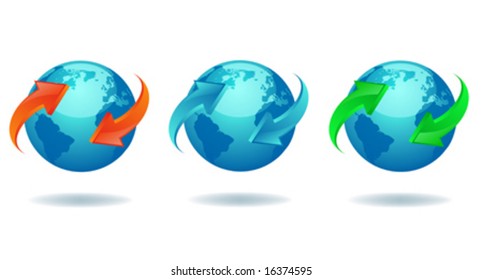 Blue earth globe with colored 3d arrows.