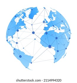 Blue Earth globe with continents, connection lines and communications-social icons background illustration. Vector EPS10.