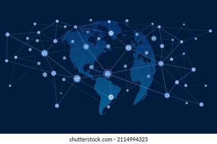 Blue Earth globe with continents, connection lines and communications-social icons background illustration. Vector EPS10.