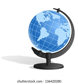 Blue Earth Globe Or Desk Globe With World Map - Icon Isolated On White Background. Vector