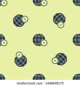 Blue Earth globe with dollar symbol icon isolated seamless pattern on white background. World or Earth sign. Global internet symbol. Geometric shapes.  Vector Illustration