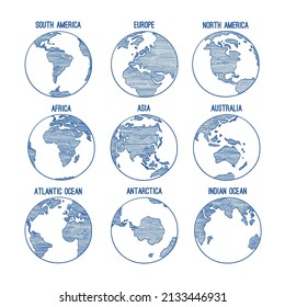 Blue Earth globe doodle planet sketched map america india africa continents hand drawn illustrations globe world earth america africa continent worldwide