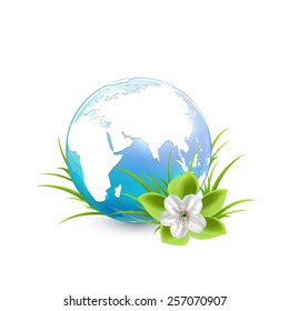 Blue Earth globe with flower and grass isolated on white background, illustration.