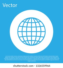 Blue Earth globe icon isolated on blue background. White circle button. Flat design. Vector Illustration