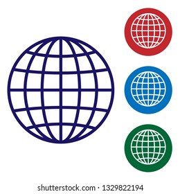 Blue Earth globe icon isolated on white background. Set color icon in circle buttons. Vector Illustration