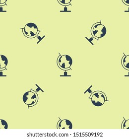 Blue Earth globe icon isolated seamless pattern on yellow background.  Vector Illustration