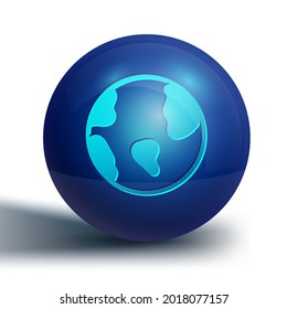 Icono del globo terrestre azul aislado en fondo blanco. Signo mundial o terrestre. Símbolo global de internet. Formas geométricas. Botón de círculo azul. Vector