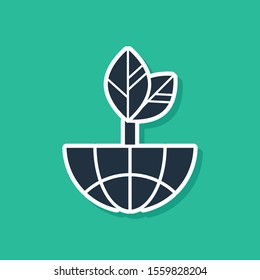 Blue Earth globe and leaf icon isolated on green background. World or Earth sign. Geometric shapes. Environmental concept.  Vector Illustration