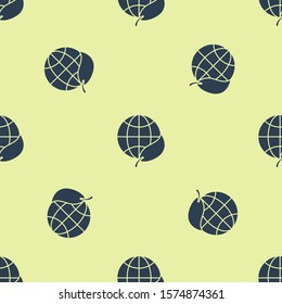 Blue Earth globe and leaf icon isolated seamless pattern on yellow background. World or Earth sign. Geometric shapes. Environmental concept.  Vector Illustration