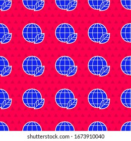 Blue Earth globe and leaf icon isolated seamless pattern on red background. World or Earth sign. Geometric shapes. Environmental concept.  Vector Illustration