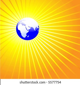 Blue Earth Globe Radiant: A shining world on a background of bright yellow gold rays.