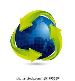 blue earth with green arrow and shadow. vector illustration
