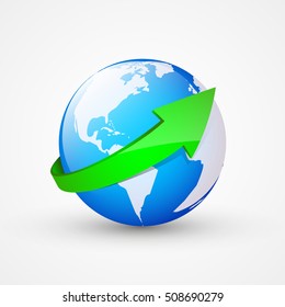 Blue earth and green arrow, vector illustration