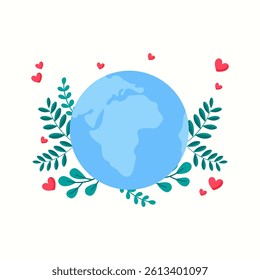 Blue Earth with Greenery and Red Hearts to Celebrate a Loving Earth Day