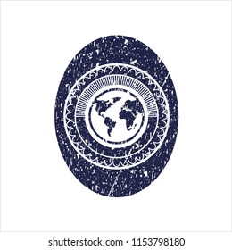 Blue earth icon inside distressed grunge stamp