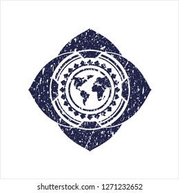 Blue earth icon inside distressed grunge style stamp