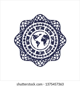 Blue earth icon inside distressed rubber grunge stamp
