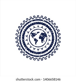 Blue earth icon inside distressed rubber grunge stamp