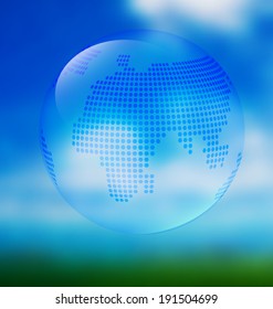 Blue Earth with map on blurred sky background.  Eco template for wed design .Mesh is used to create smooth color transaction. 