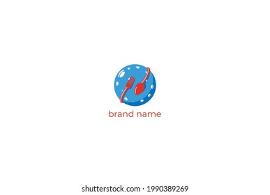 Blue Earth Moon Planet with Spoon and Fork for Restaurant Bar Cafe Logo Design Vector