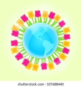 Blue Earth Planet with Bright Tulips. Round Frame. Vector Floral Card