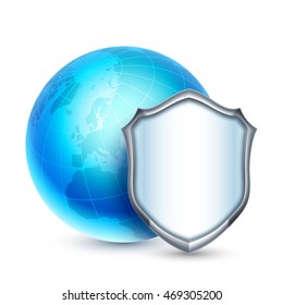 Blue Earth Protected By Shield. Global Security Concept