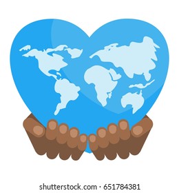Blue earth in shape of heart. World globe in black hand. Environment concept. Flat vector cartoon illustration. Objects isolated on a white background.World Environment Day poster.