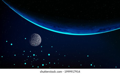 The blue earth is suspend in the sky. Abstract vector technology astronomical background.