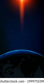 Blue earth is suspend in the sky with sunlight. Abstract vector technology astronomical background.