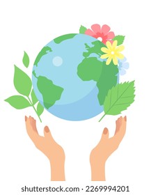 Blue Earth with trees, clouds and air balloons. illustration for World Earth Day. Save Earth.