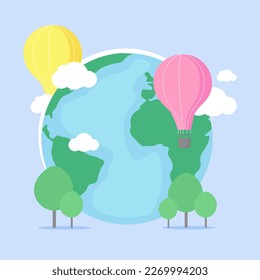 Blue Earth with trees, clouds and air balloons. Illustration for World Earth Day. Save Earth.