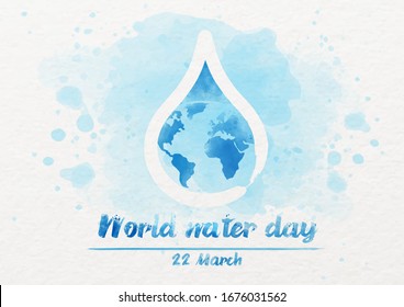 La tierra azul en una gota de agua con la redacción del Día Mundial del Agua y el día del evento sobre el color azul claro del agua y fondo blanco. Todo en estilo de color agua y diseño vectorial.