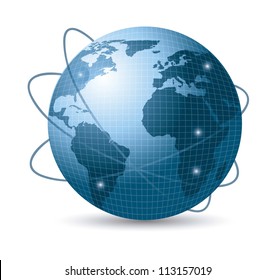 blue earth with web of satellites with shadow. vector illustration