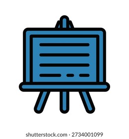 A blue easel with a blue board that has horizontal lines representing text or a presentation. The board is supported by three legs.